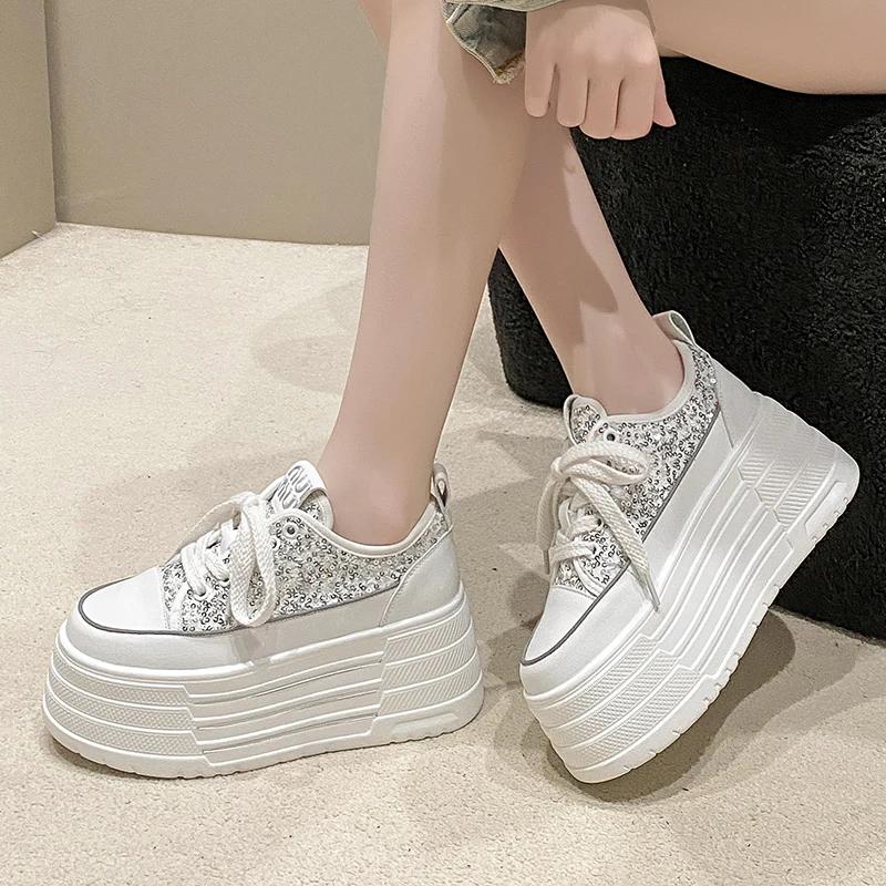 Bling Leather Flats Casual Dad Shoes Chunky Sneakers Women Platform Sports Shoes Ladies Skateboard Hidden Heels Shoes Tennis