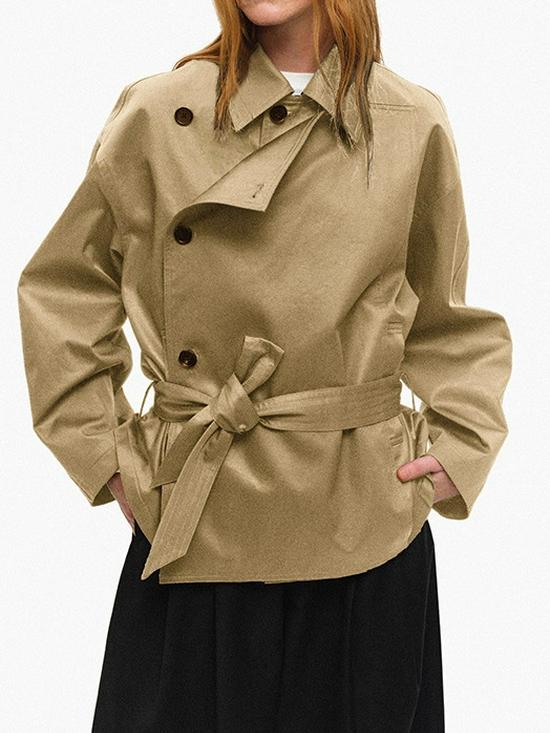 American Short Lapel Trench Coat: High-End Waist-Defining Double-Breasted Loose Long Sleeve Jacket for Women
