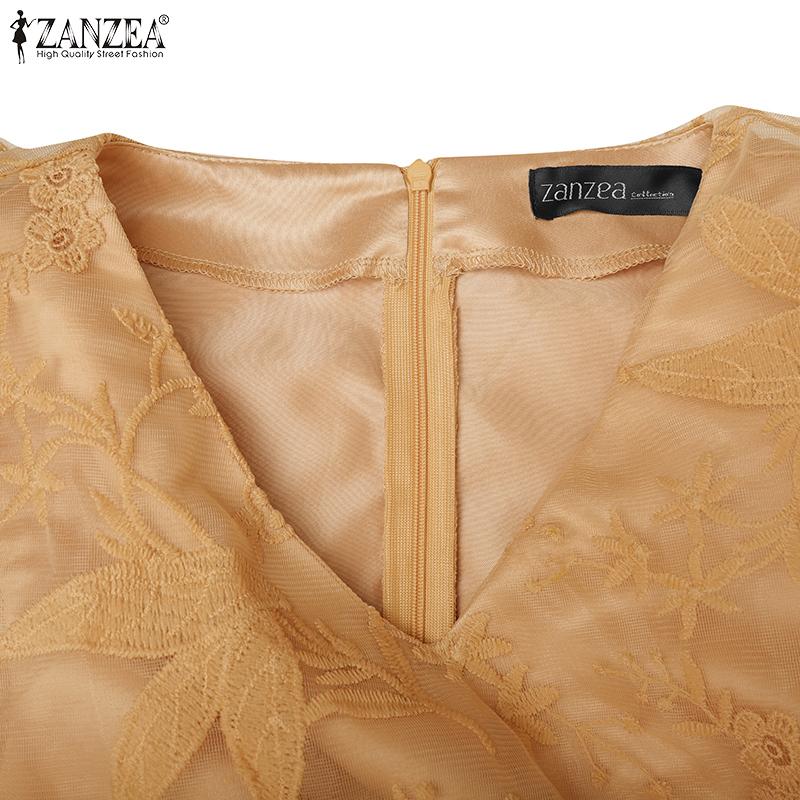ZANZEA Elegant Women V Neck Short Sleeve Lace Patchwork Smooth A-line Dress Nonelastic