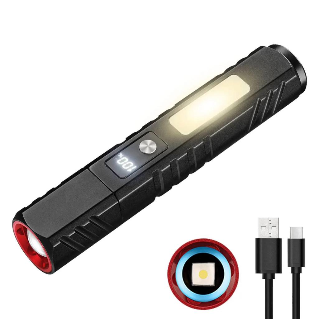 EDC LED Pocket Flashlight with Magnetic Type-C Rechargeable Torch with Side Light Digital Display Outdoor Waterproof Work Lamp