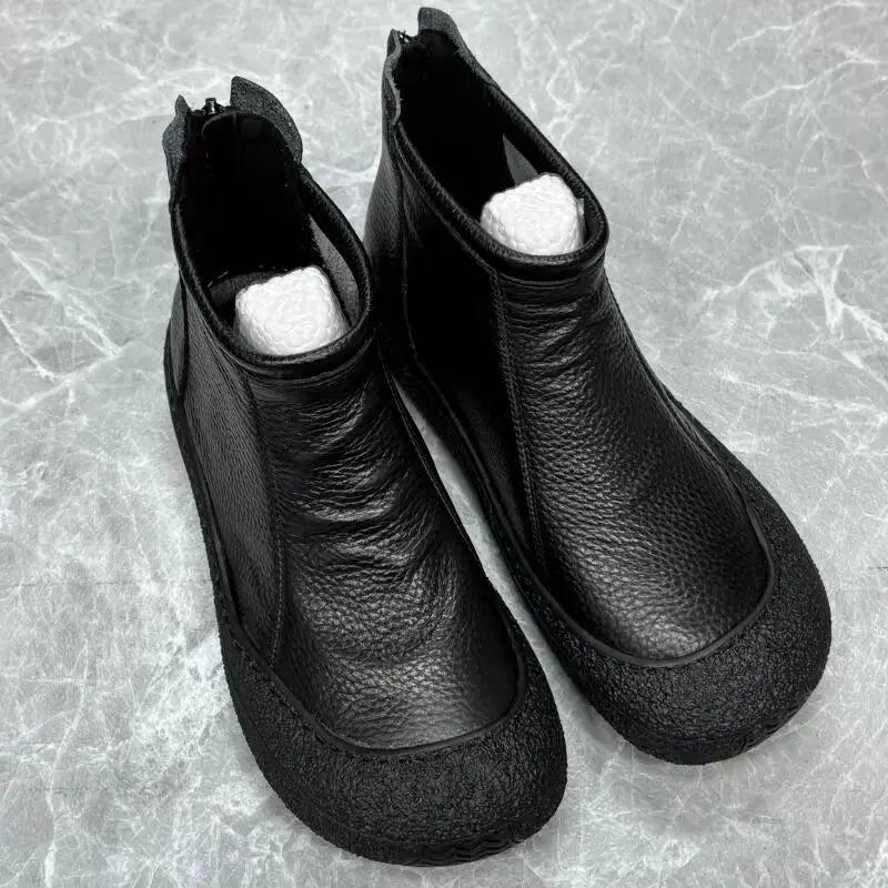 Leather Flats Women Ankle Boots Designer Retro Zipper Shoes 2025 Trend New Brand Soft Oxford Shoes Cozy Winter Botas De Mujer