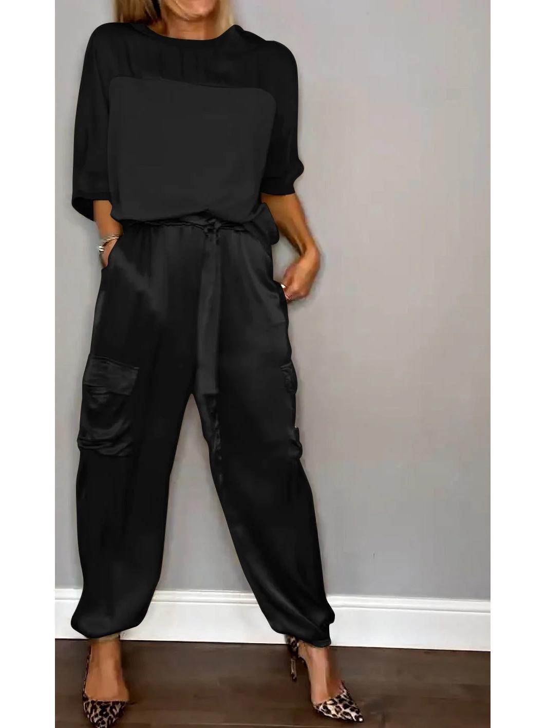 

2024 Європейський та Американський Жіночий Гладкий Сатиновий Топ з Напіврукавом та Штани Костюм Двійка 5XL чорний