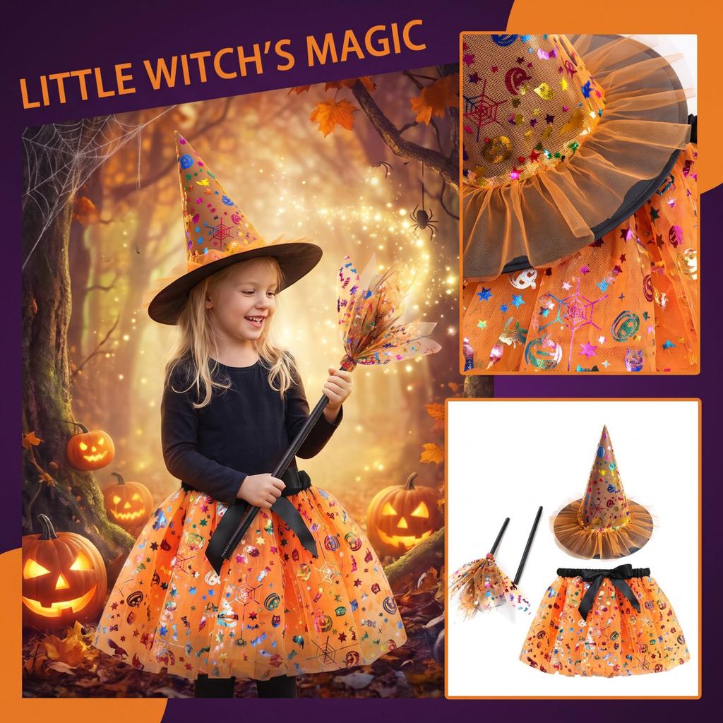 Kids Halloween Witch Costume Dress with Hat and 3 Piece Set