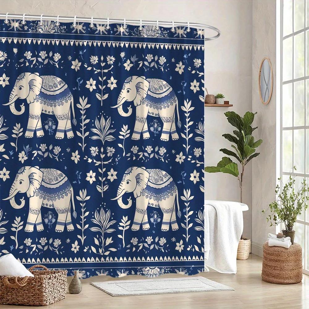 Blue & White Tribal Elephant Shower Curtain - Floral Motifs, Traditional Art,  12 Hooks, Home Bath Decor