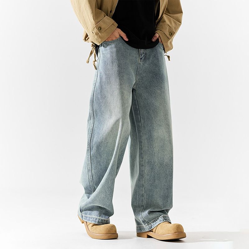 51 Hip-Hop Fleece-Lined Jeans for Men, Winter American Style Trendy Brand, Vintage Tie-Dye, Loose, Thickened, Scimitar Wide-Leg Long Pants