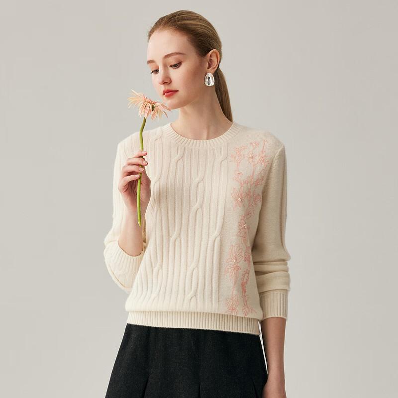 Women's Thickened 100% Cashmere Embroidered Round Neck Sweater