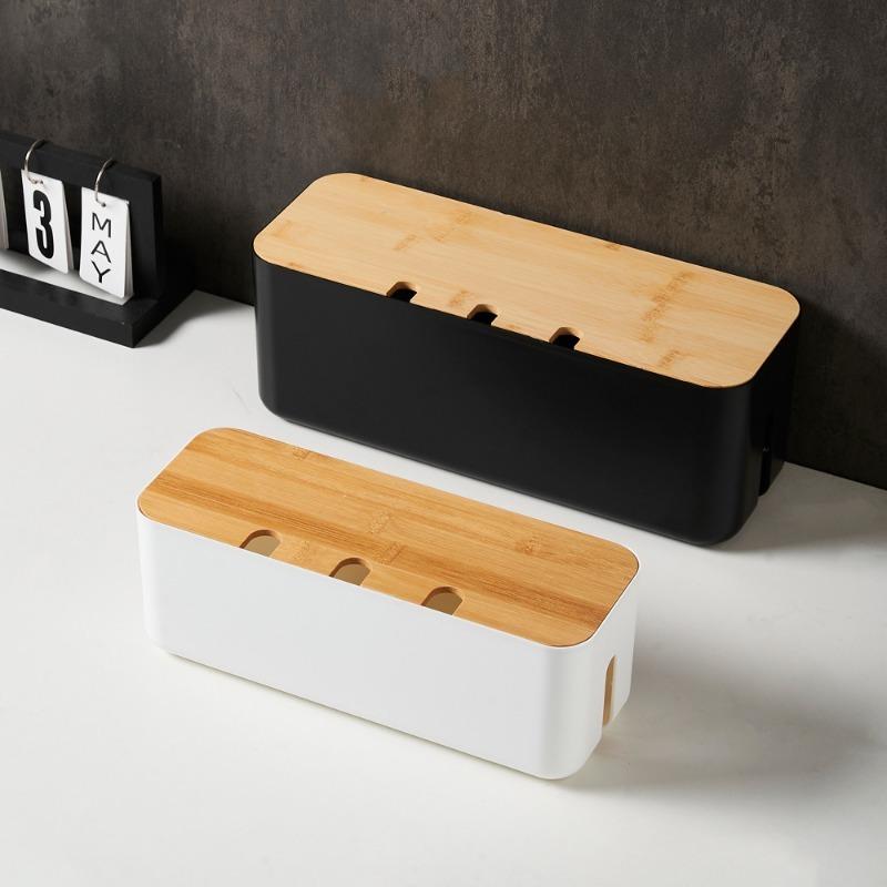 Hide Wires Desk Computer Cable Organizer Box Bamboo Cover Wire Junction Board Storage Box for Phone Cable Cable Management Box