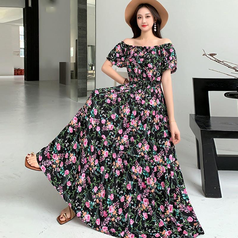 Bohemian Maxi Dress With Elastic Waist For Summer Beach Vacation And Artful Style