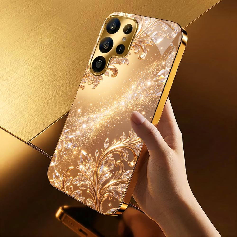 Golden Glittering Floral Pattern Phone Case S26 Ultra Case S25 Ultra Case Glass for Samsung Galaxy S26 S25 S24 S23 FE Ultra Plus