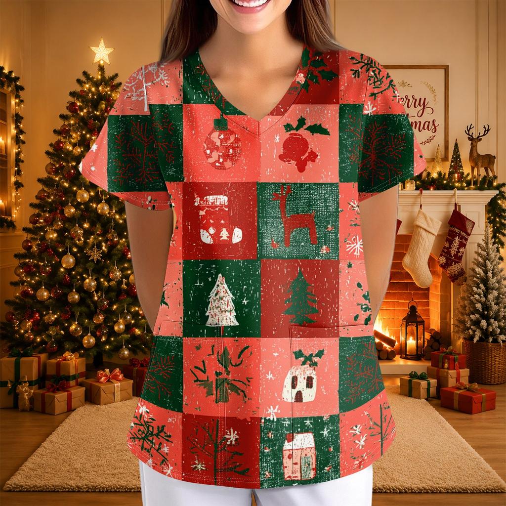 Women's Christmas Print Short Sleeve V-Neck Loose Fit Caregiver Uniform with Pockets