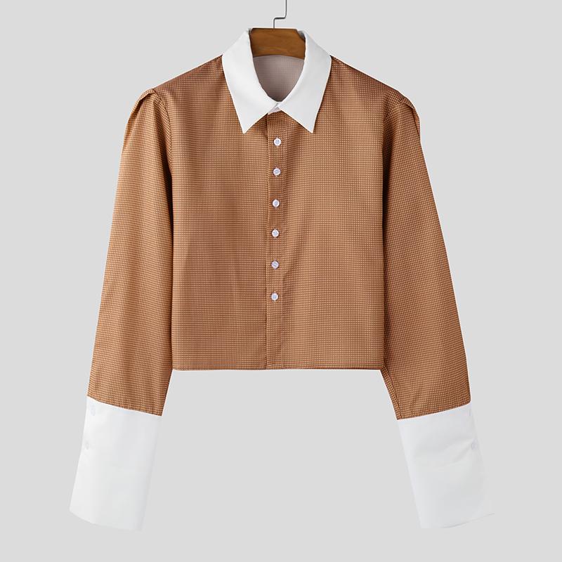 

INCERUN Мужские укороченные рубашки с длинным рукавом в полоску с лацканами, повседневные короткие топы с пуговицами 5XL коричневый