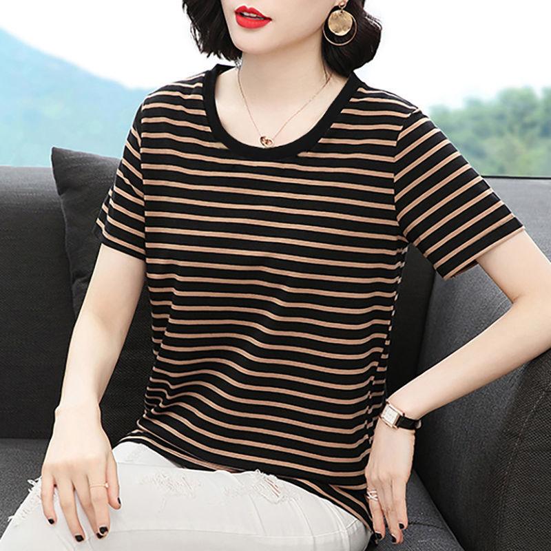 JKASHDK Damenmode Casual Sommer Frühling Streifendruck Kurzarm O-Ausschnitt Blusen & Hemden