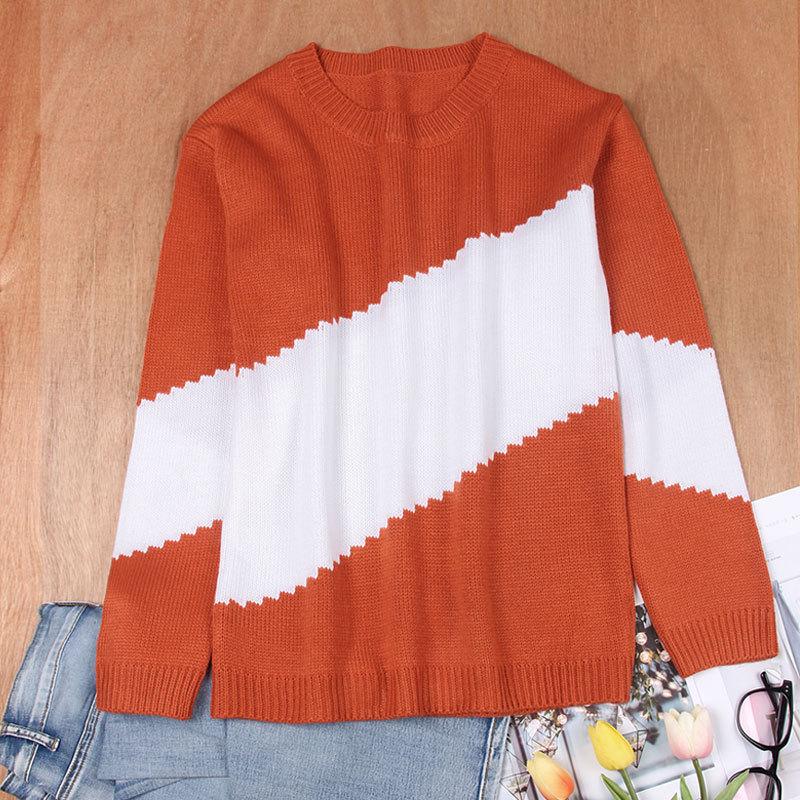 Damen Herbst- und Winter Farbblock Strickpullover mit lockerem Rundhalsausschnitt
