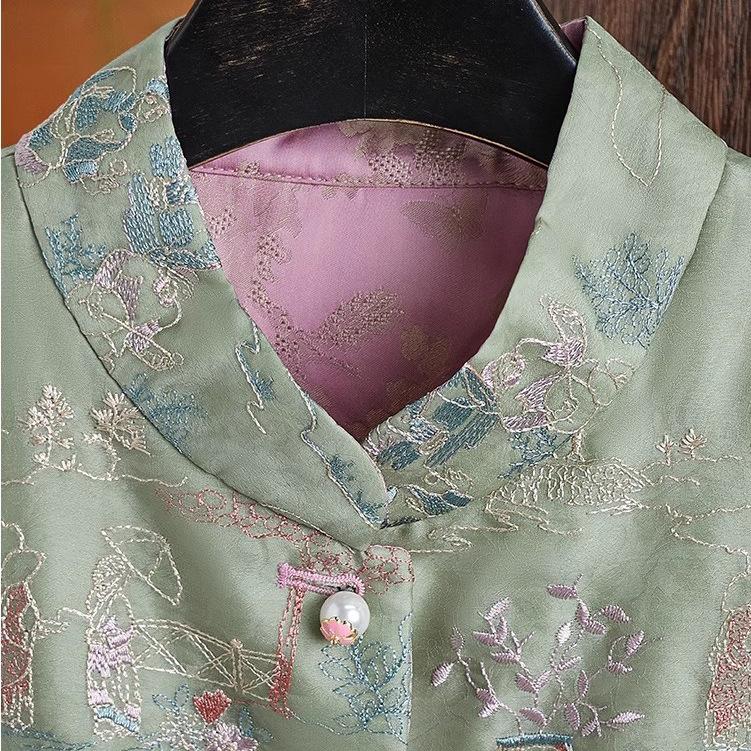 Vyšívaná vesta, oblek Tang, čínský styl, jarní a letní nový styl čínský oděv etnický styl spona s koněm retro vesta čínské topy pro ženy