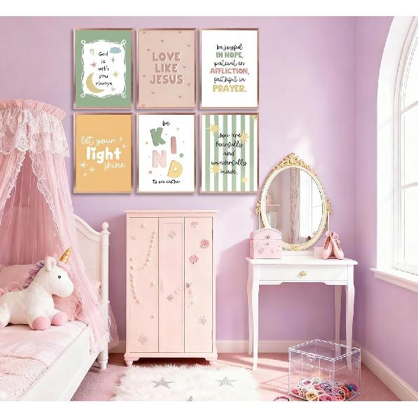 6Pcs Colorful Bible Verse Canvas Wall Art Christian Girls Education Posters Prints Children's Bible Pirational Quote Wall Decor Pictures for Nursery