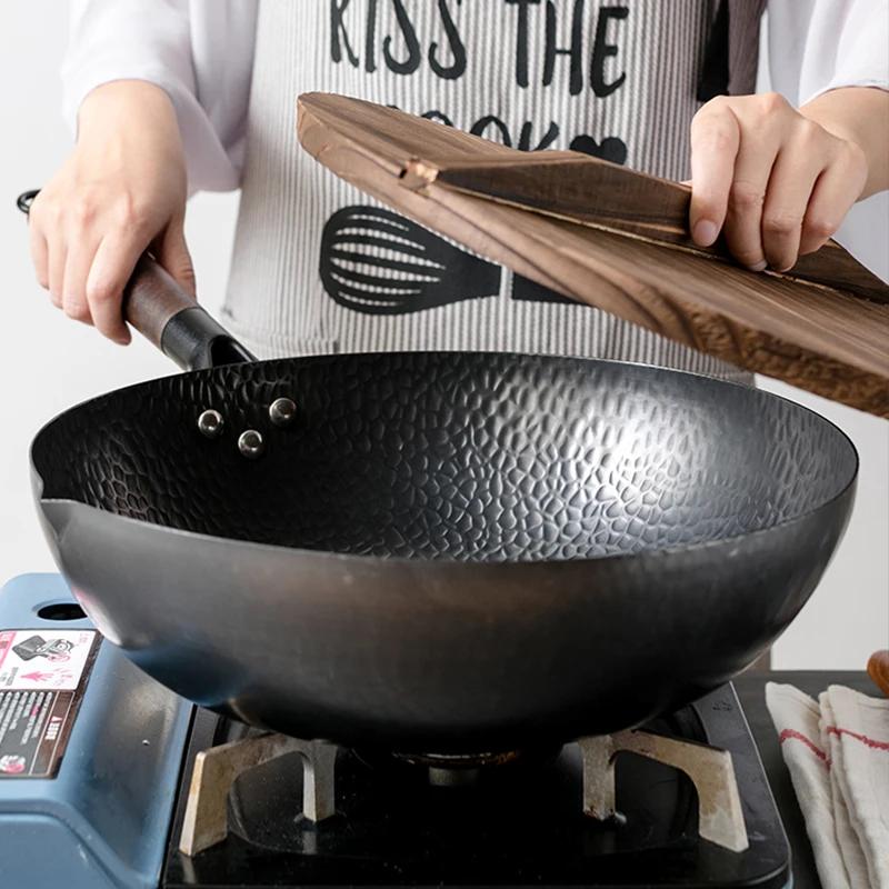 Czyste żelazo wok żeliwna patelnia Niepowlekana Garnek Ogólnego użytku do kuchenki gazowej i indukcyjnej 32cm Chiński wok Naczynia kuchenne Patelnia