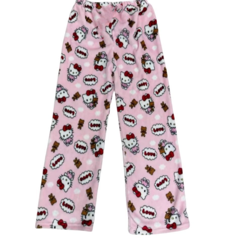 Women's Cartoon Cat Fleece Pajama Pants - Cozy Flannel for Autumn/Winter