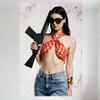 Sexy Woman with Long Black Hair Holding Black Assault Rifle Tin Sign - Red Halter Top Light Blue Jeans Metal Poster for Bar Pub