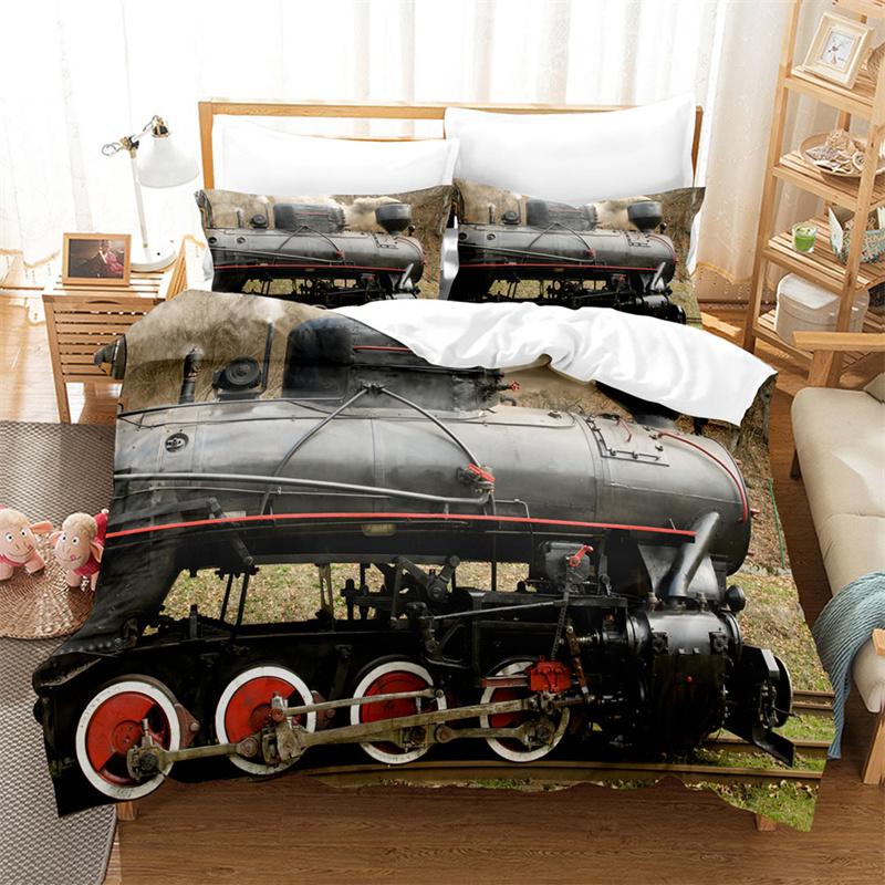 Train Duvet Cover Full Size Boys Steam Engine Bedding Set Microfiber 3D Rail Vehicles Comforter Cover For Boys Teens Room Decor