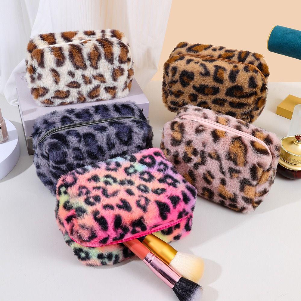 Leopard Print Women's Cosmetic Pouch Soft Cosmetic Storage Organizer Plush Makeup Bags  Ladies