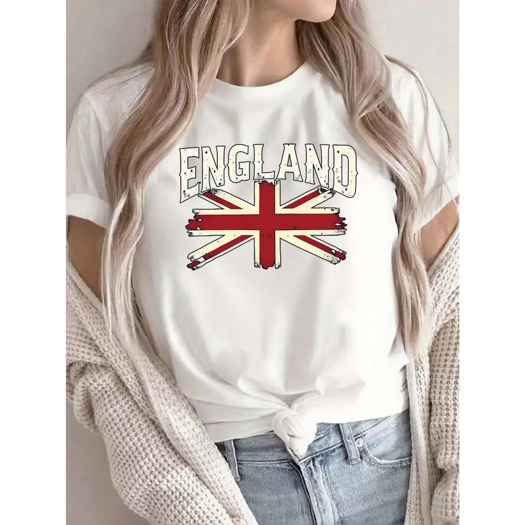 Cute England Flag Print Round Neck T-Shirt for Women | Casual Comfortable Daily