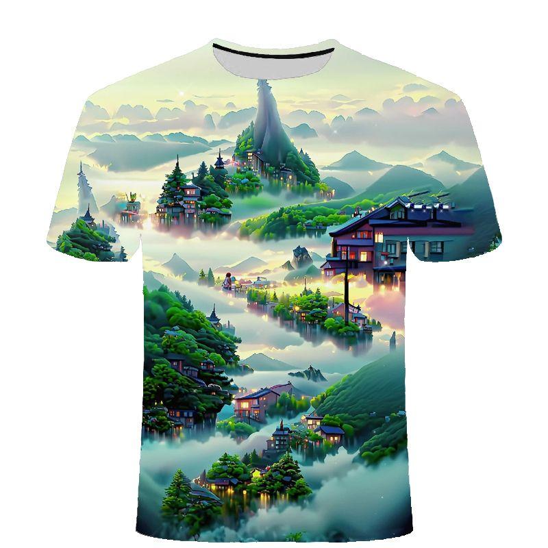 Verão Novo Topo Série Paisagem Quatro Estações Camiseta Casual Moderna de Manga Curta com Estampa 3D Moda Masculina e Feminina