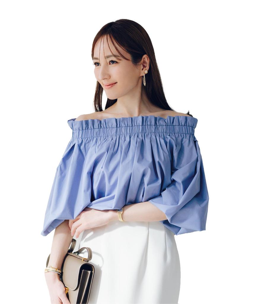 Yours Ruffle Voluminous Blouse BFXU1801 Medium Blue Off-the-Shoulder Women's