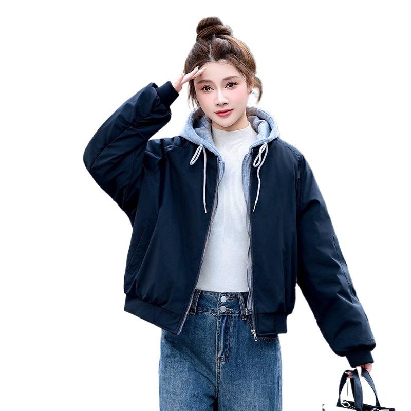 Simple couple baseball cotton jacket hooded loose splicing sweater fake two contrasting thick cotton jacket