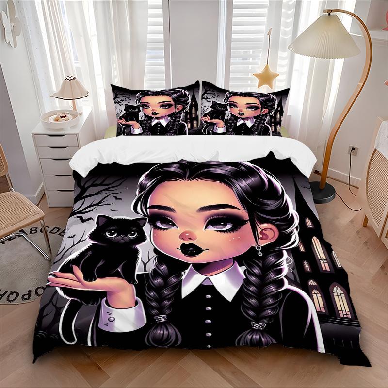 3pcs Dark Elegance Addams Printed Duvet Cover Set (1 * Cover+2 * Pillowcase, Without Core), Suitable for Home Bedroom, Guest Room, Dormitory Deco