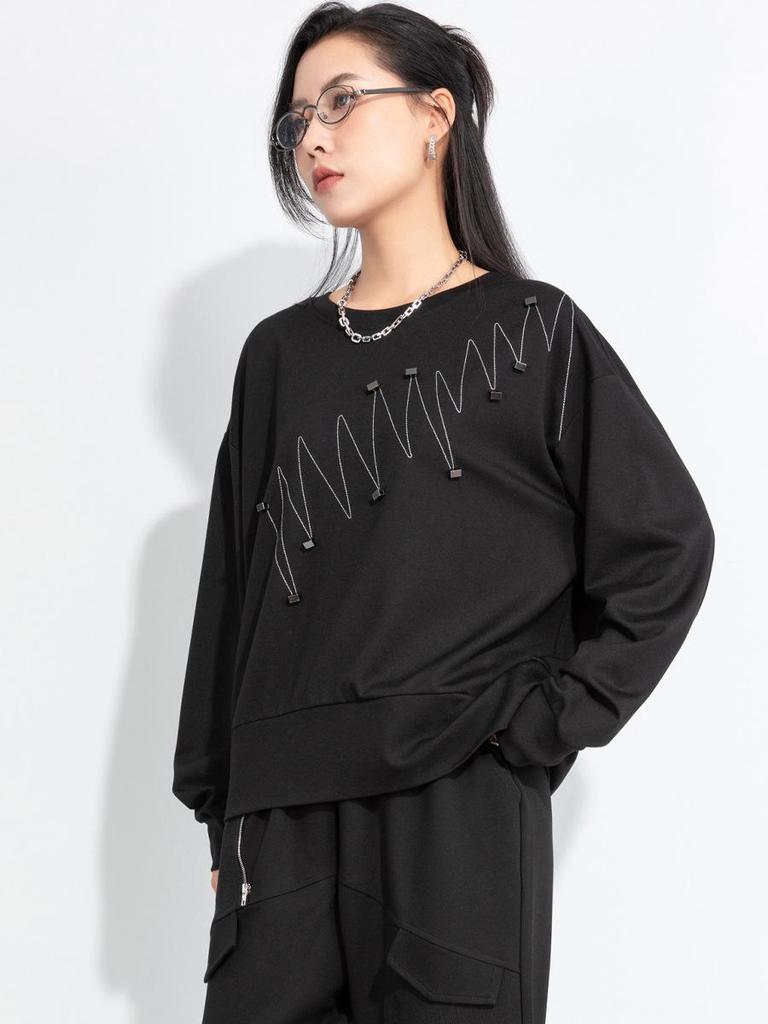 Damen Übergröße T-Shirt im Dark Style mit 3D-Dekoration: Herbst 2025 Koreanischer Lazy Wind Yamamoto-Stil