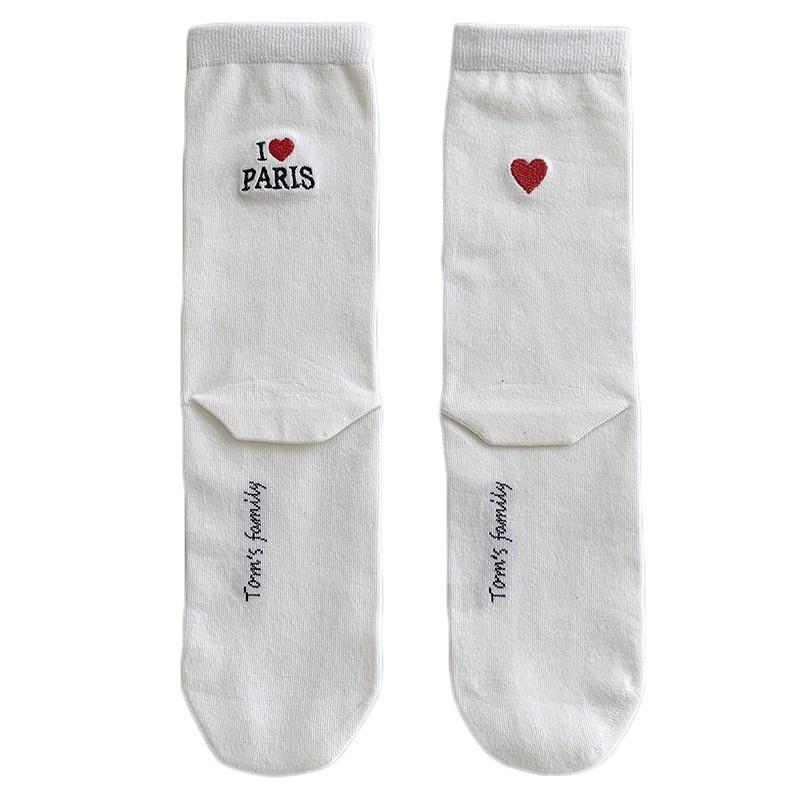 White Socks Pure Cotton Stacking Socks Heel Embroidered Love Letters Spring And Autumn Thin Cotton Medium Tube Socks
