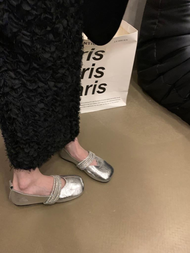 Rhinestone with Ballet Mary Jane Shoes 2025 New Spring and Autumn Square Head Shallow Mouth Versatile Flat Bottom French Gentle Single Shoes