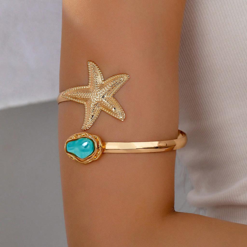 Ocean Resort Flower Starfish Faux Pearl Arm Cuff, Adjustable Upper Arm Bracelet
