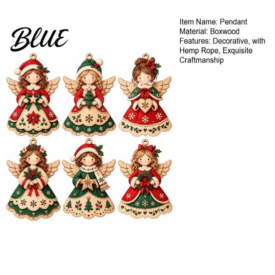 Vintage Style Christmas Tree Ornaments 6Pcs Wooden Angel Ornaments, 2D Flat Hanging with Hemp Rope, Decorative Crafts Retro Pendants for Fireplace and