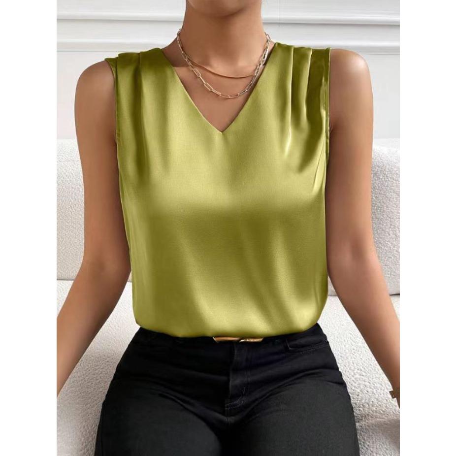 Women's Elegant Chic V-neck Vest for Summer Vacation Solid Color Versatile Sleeveless Shirt for Women Blouses & Shirts