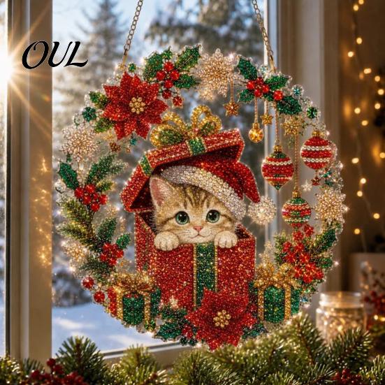 Handmade Christmas Home Decor Faux Diamond Art Ornament, DIY Santa Claus Sun Catcher Kit, Rhinestone Parent Child Interactive Crafts Xmas Wreath