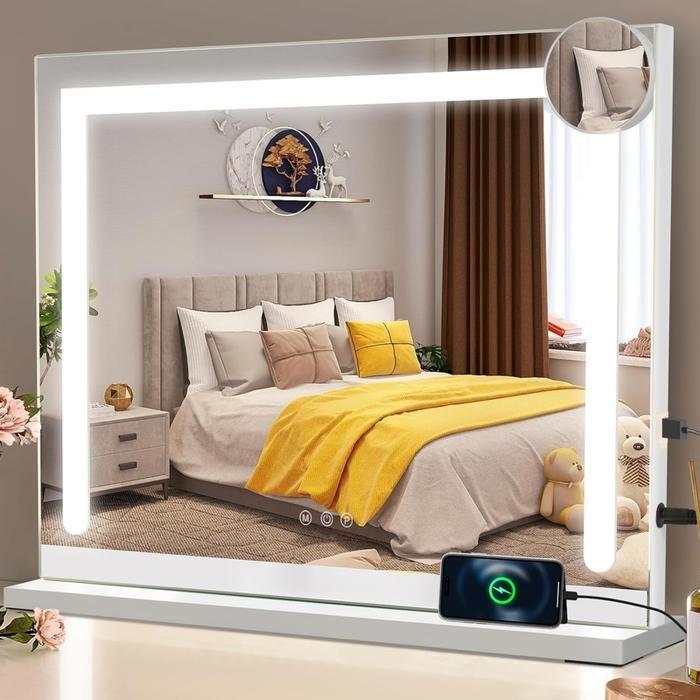 Miroir de coiffeuse - NETTLIFE - 70x55 cm - LED à intensité réglable - Grossissement x5 - Port USB