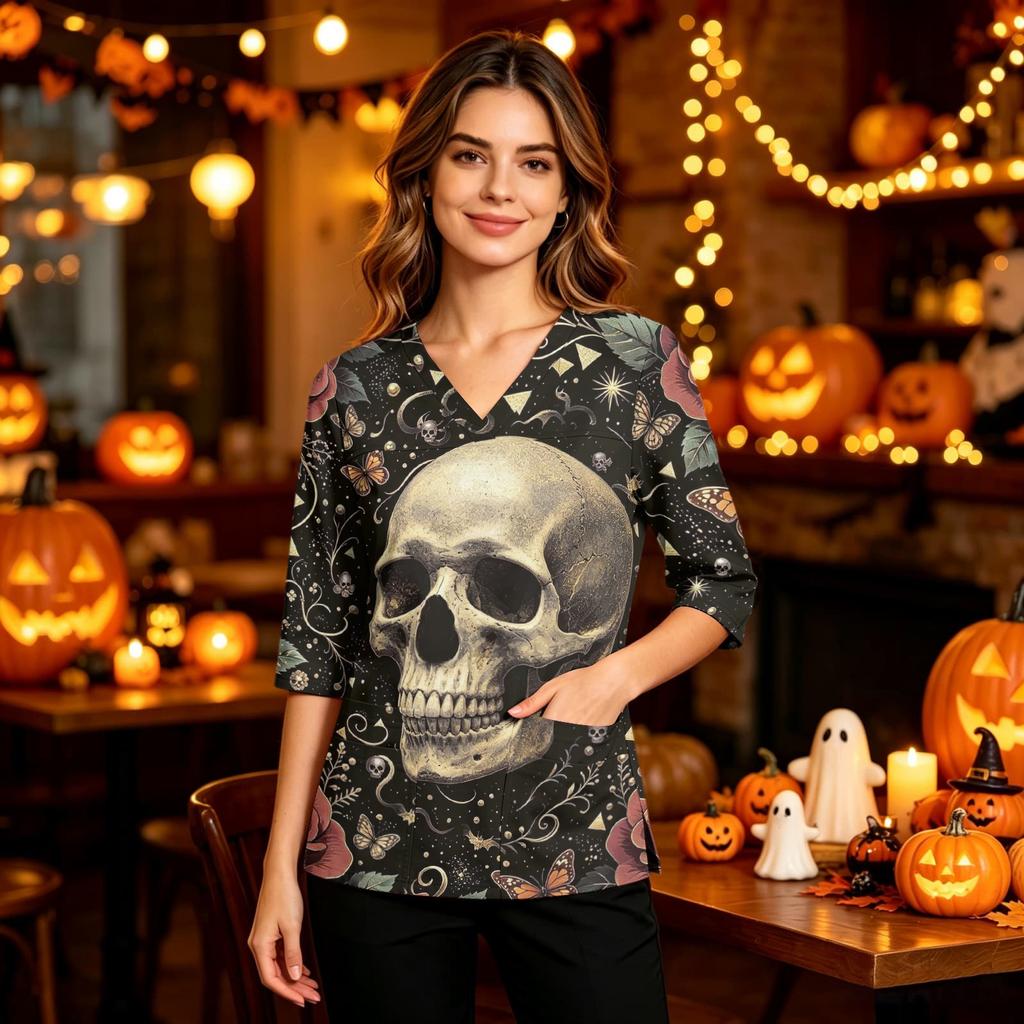 Women's Casual Halloween Print Uniform Top with V-Neck, Pockets and Side Slit, Three-Quarter Sleeve