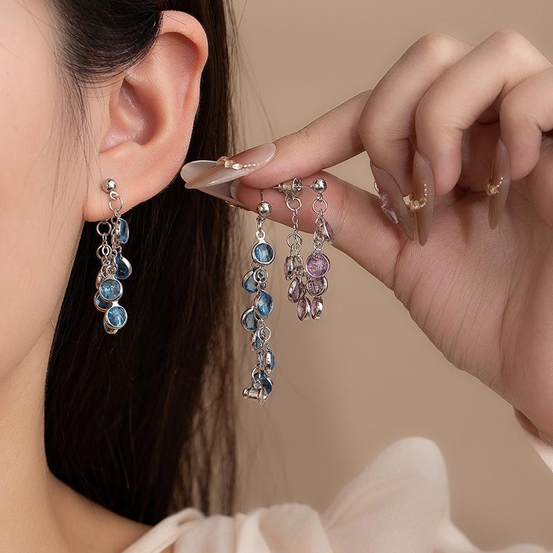 Suitable For Spring And Summer Flash Grape String Fringed Earrings, High-End Rear-Hanging Stud Earrings, Light Luxury And Beautiful Earrings, Women