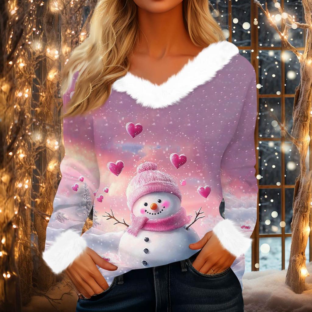 Women's Fashionable Casual V-Neck Christmas Print Long-Sleeved Top