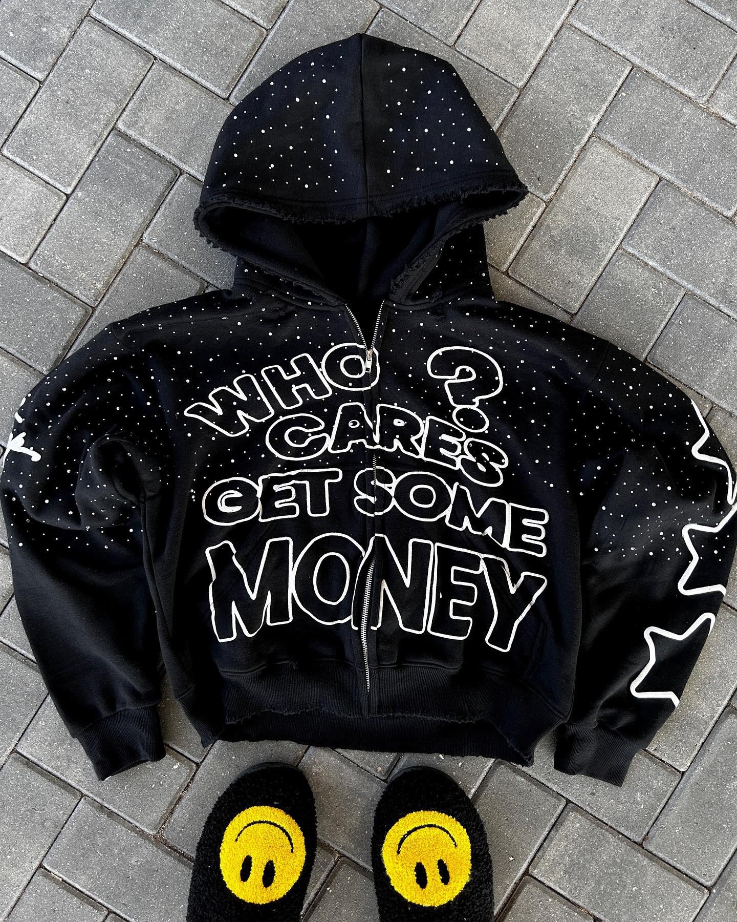 Women s Hood Neck Long Sleeve Hoodie Oversized Streetwear Letter Print Zip Up Sweatshirt S чёрный