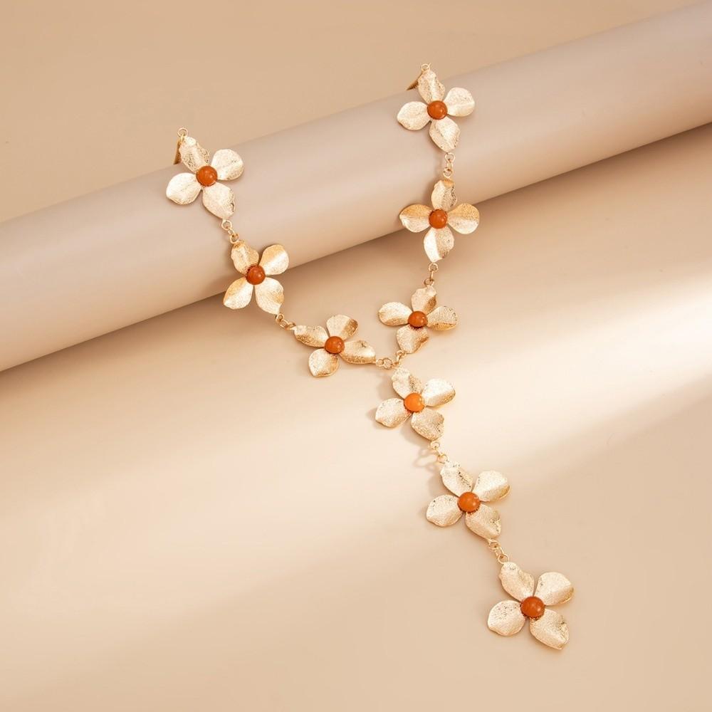 Punk Y-shaped Chain Necklace Gold Flower Tassels Earrings Vintage Flower Pendant Necklace  Gifts