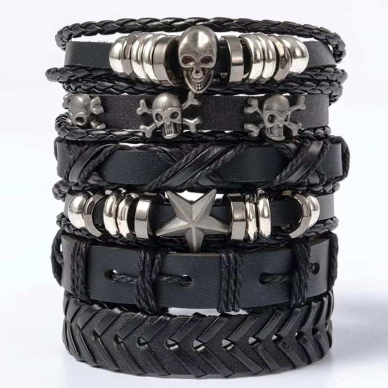 6pcs/set Black Color Punk Style Skulls Stars Handmade Leather Bracelets for Men and Women Personalized Trendy Party Jewelry