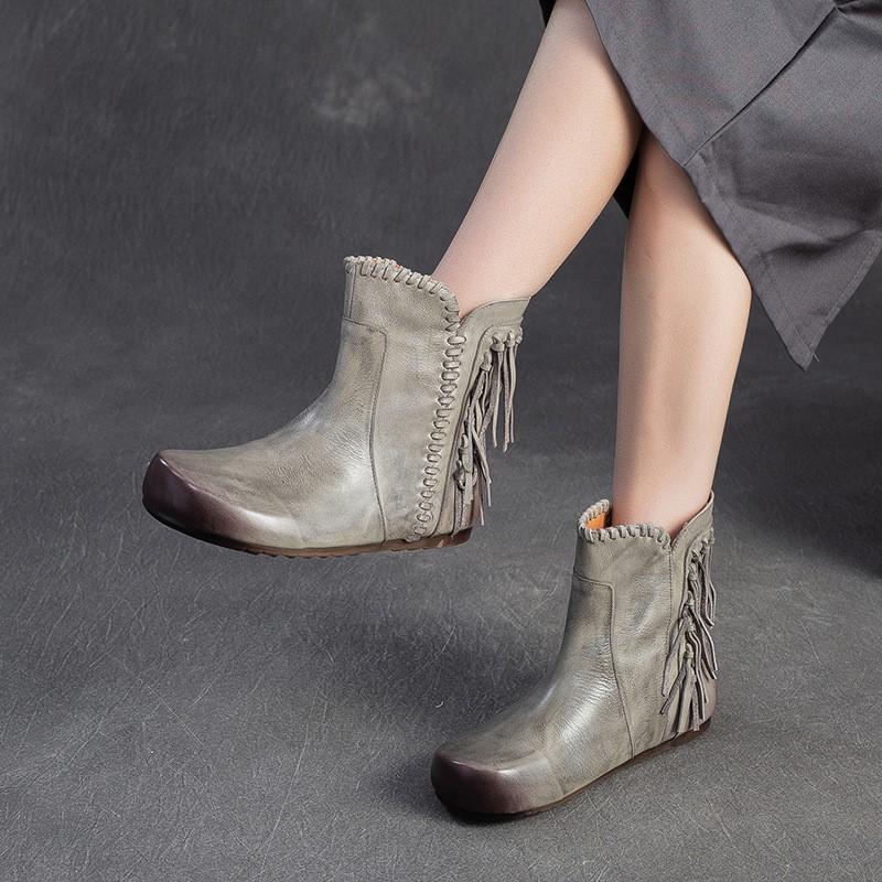 Johnature Retro Short Boots Genuine Leather Versatile Tassel Fashion Comfortable Women's Shoes