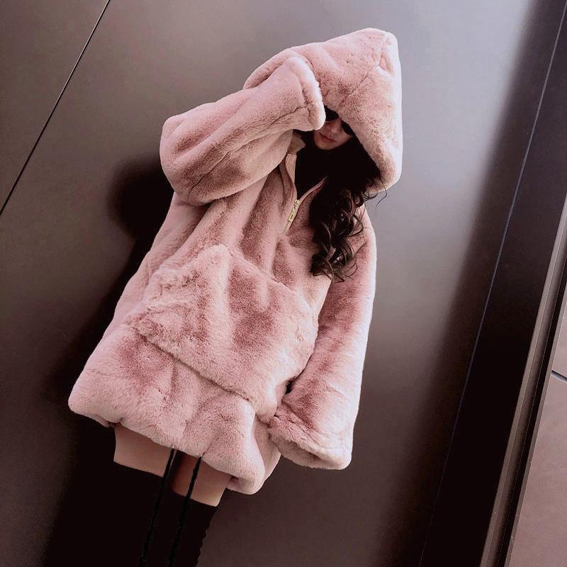 

Casual loose hooded imitation fur jacket women s medium and long sweater autumn and winter plush baseball jersey leopard print S size [80--50kg]
