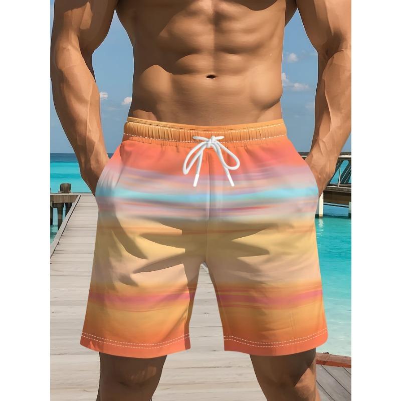 Men s Sunset Gradient Stripe Pattern Print Casual Fashion Summer Beach Shorts S