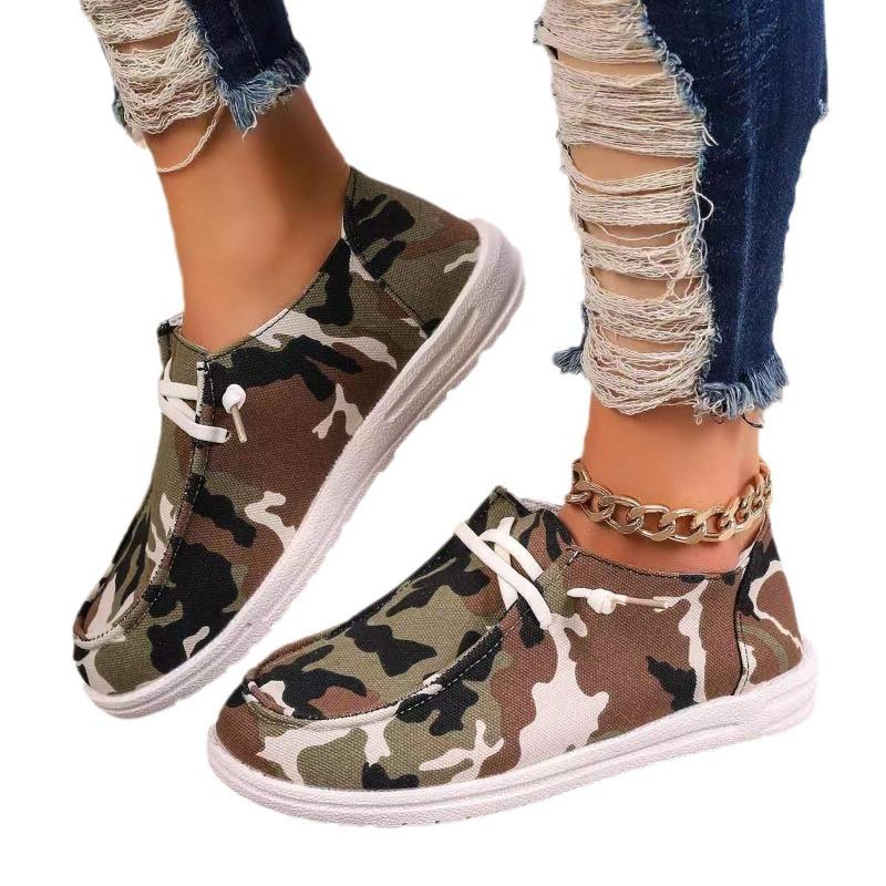 Plus Size Spring New Lace-up Camouflage Canvas Women's Flat Casual Shoes Women's Cloth Shoes