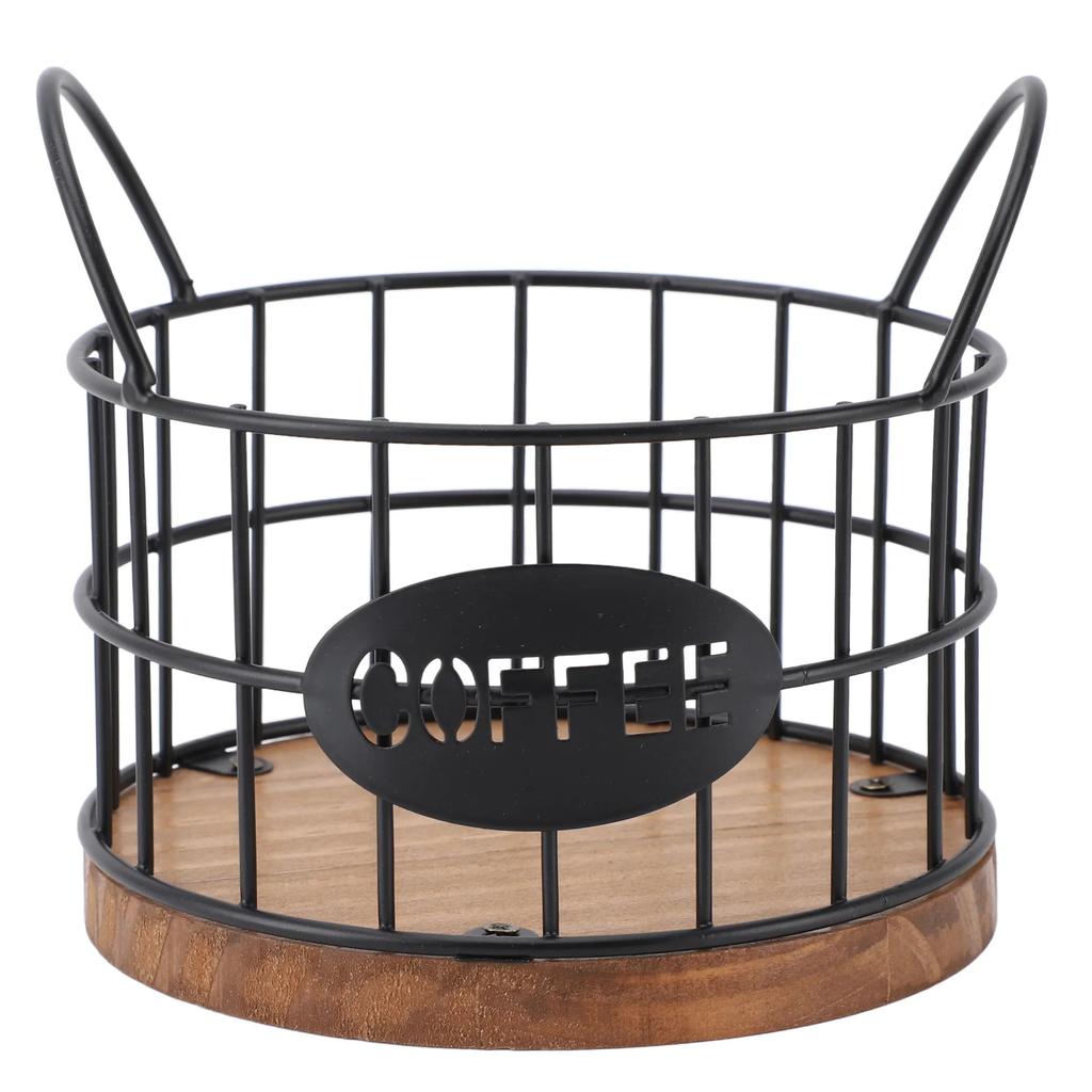 Coffee Pod Basket Round Iron Wire Storage Basket Large Capacity Coffee Capsule Holder with Wooden Base for Home Office
