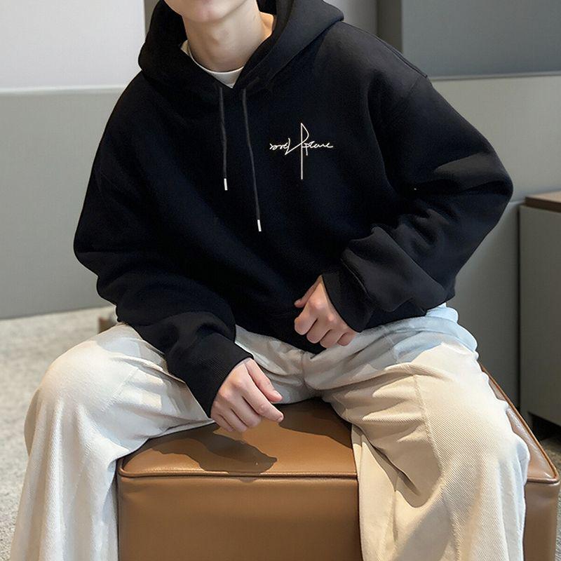 Men's Gray Hooded Sweatshirt: Thick, Velvet-Lined, Trendy American Style for Autumn/Winter