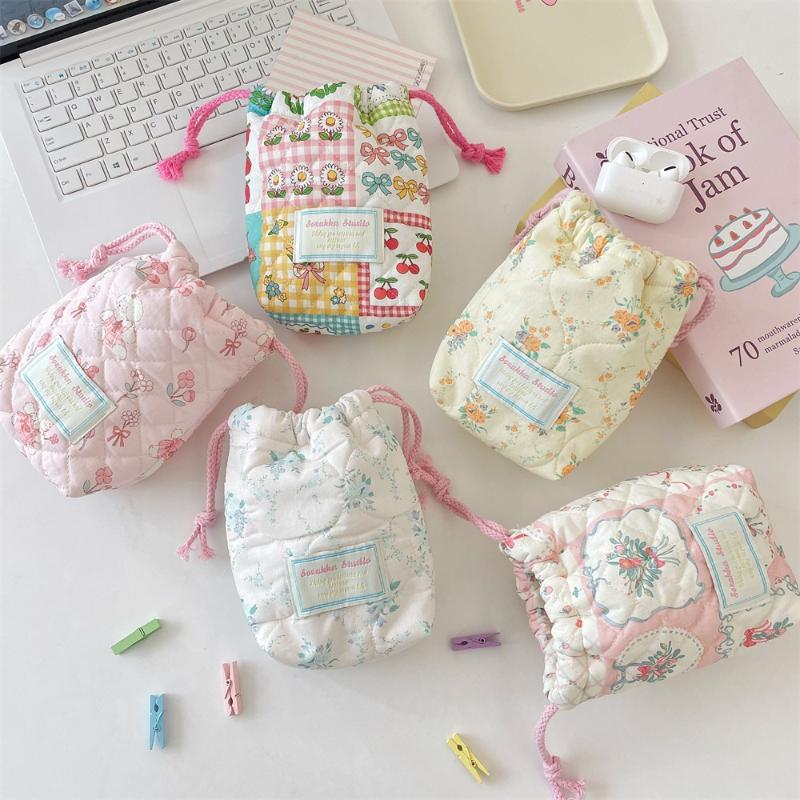 Ins Style Floral Storage Bag Drawstring Drawstring Pocket Soft Cotton Anti Fall Cosmetic Bag Sundry Storage Camera Bag